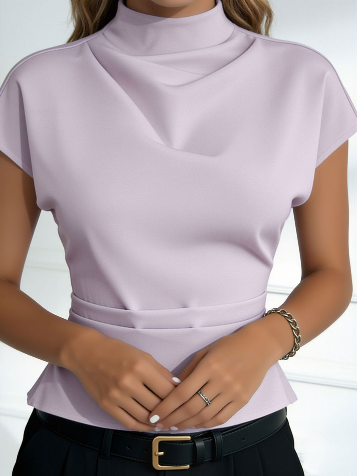 Mock Cowl Neck Cap Sleeves Pleated Work Blouse