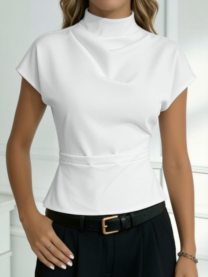 Mock Cowl Neck Cap Sleeves Pleated Work Blouse