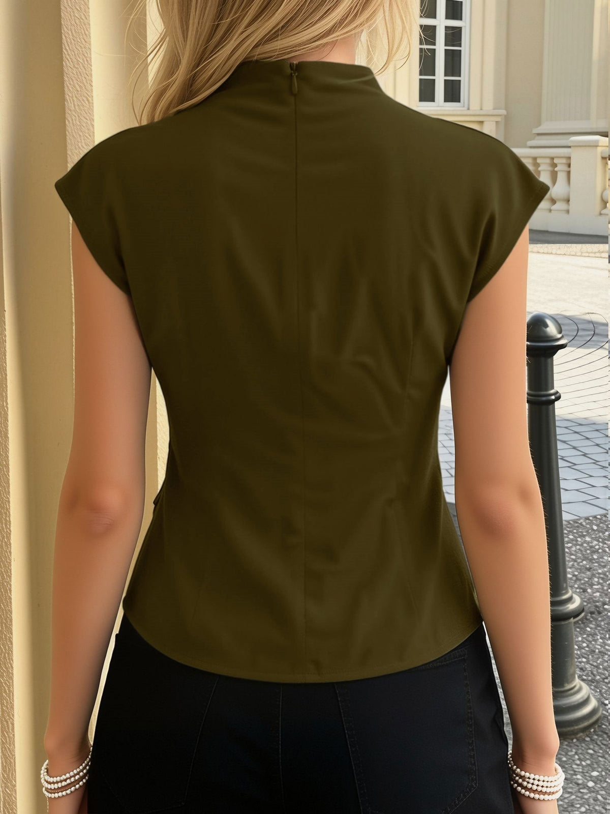 Mock Cowl Neck Cap Sleeves Belted Work Blouse