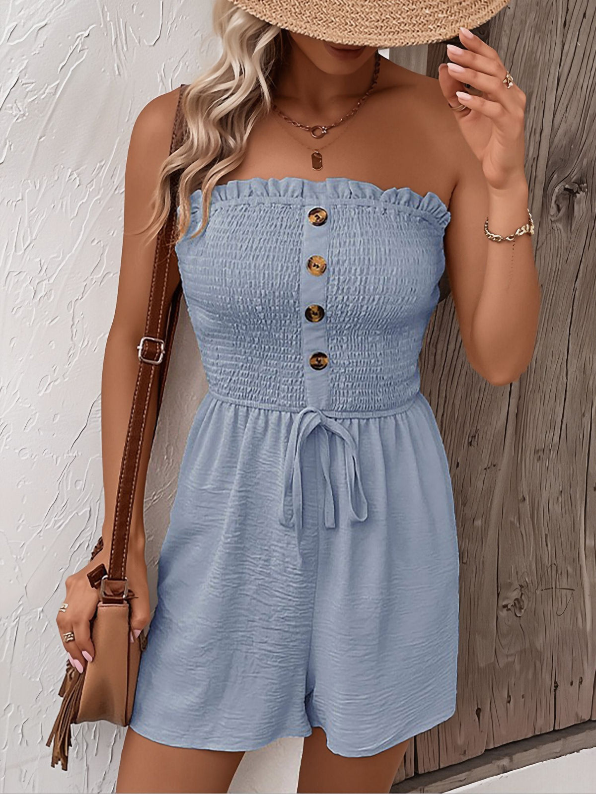 Vacation Solid Color Strapless Ruffled Smocked Rompers