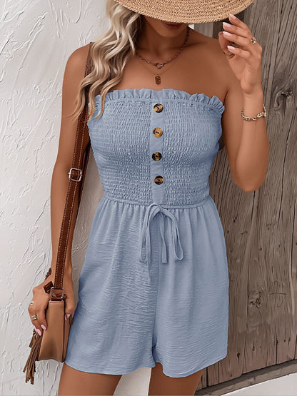 Vacation Solid Color Strapless Ruffled Smocked Rompers