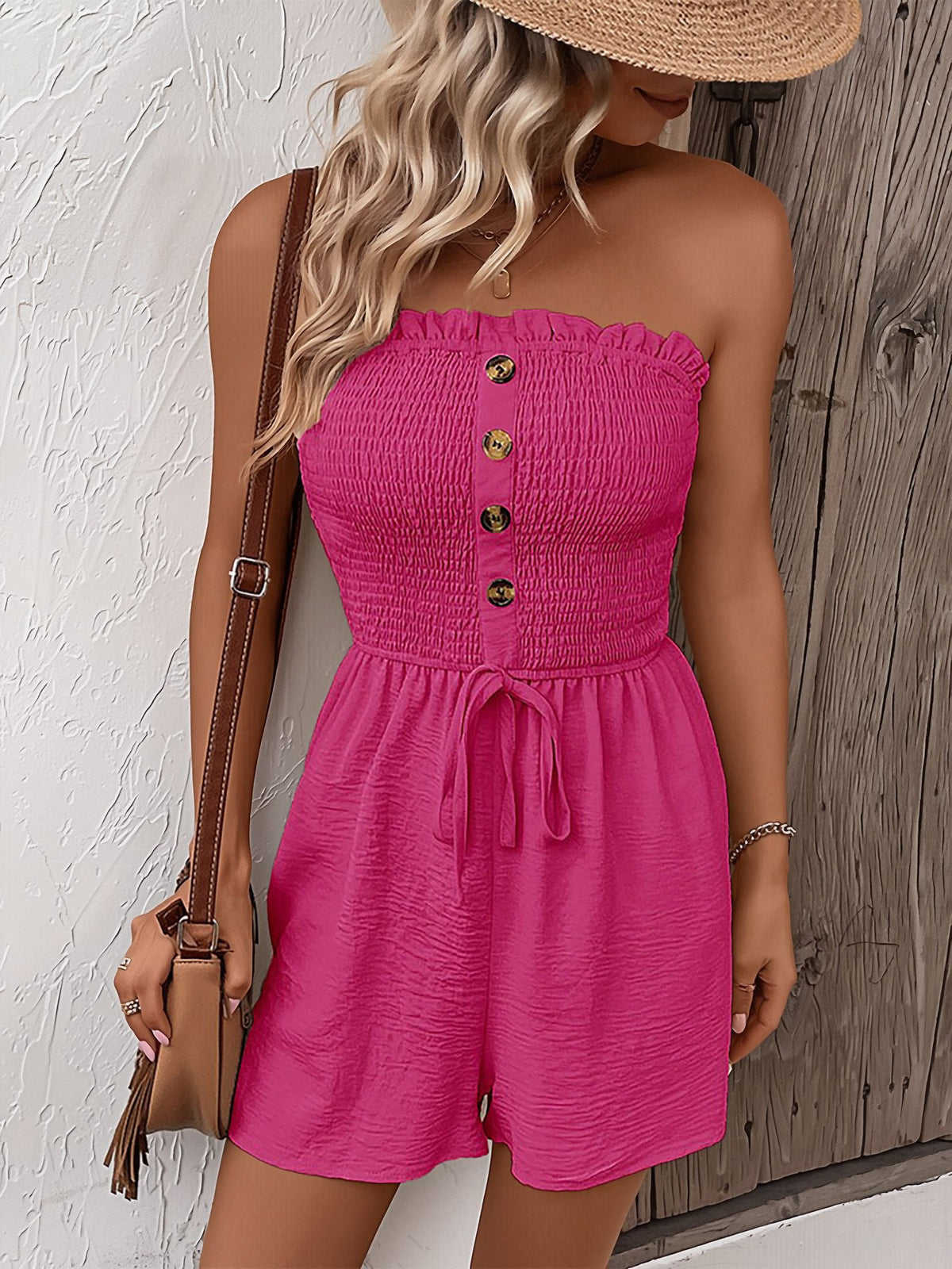 Vacation Solid Color Strapless Ruffled Smocked Rompers