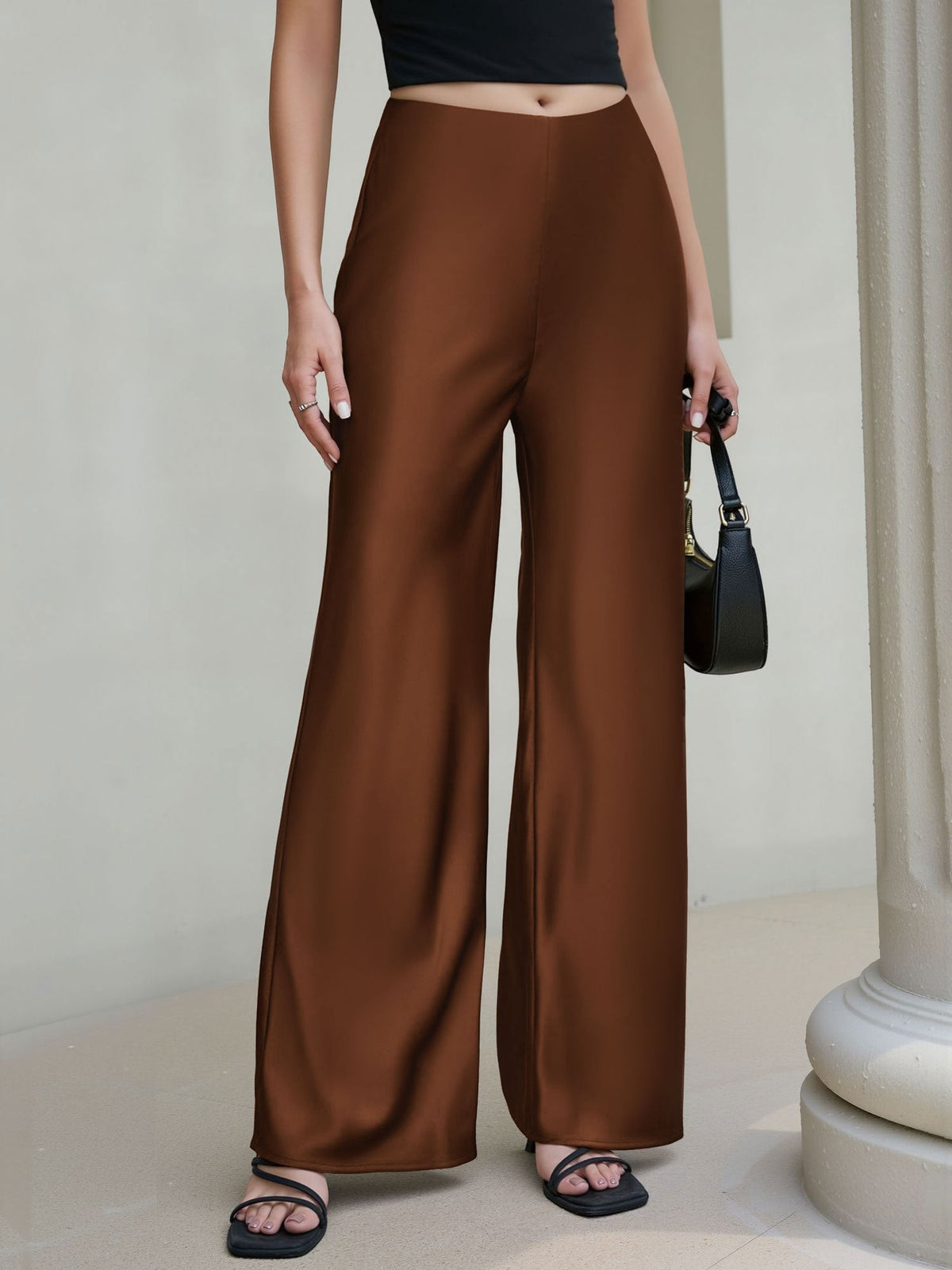 Satin Solid Color Straight Leg Trousers Pants