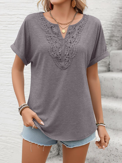 Notch Neck Short Sleeves Lace Patchwork Blouse