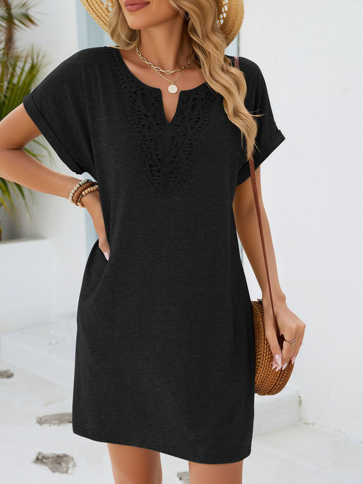 Notch Neck Short Sleeve Lace Pocketed Dress
