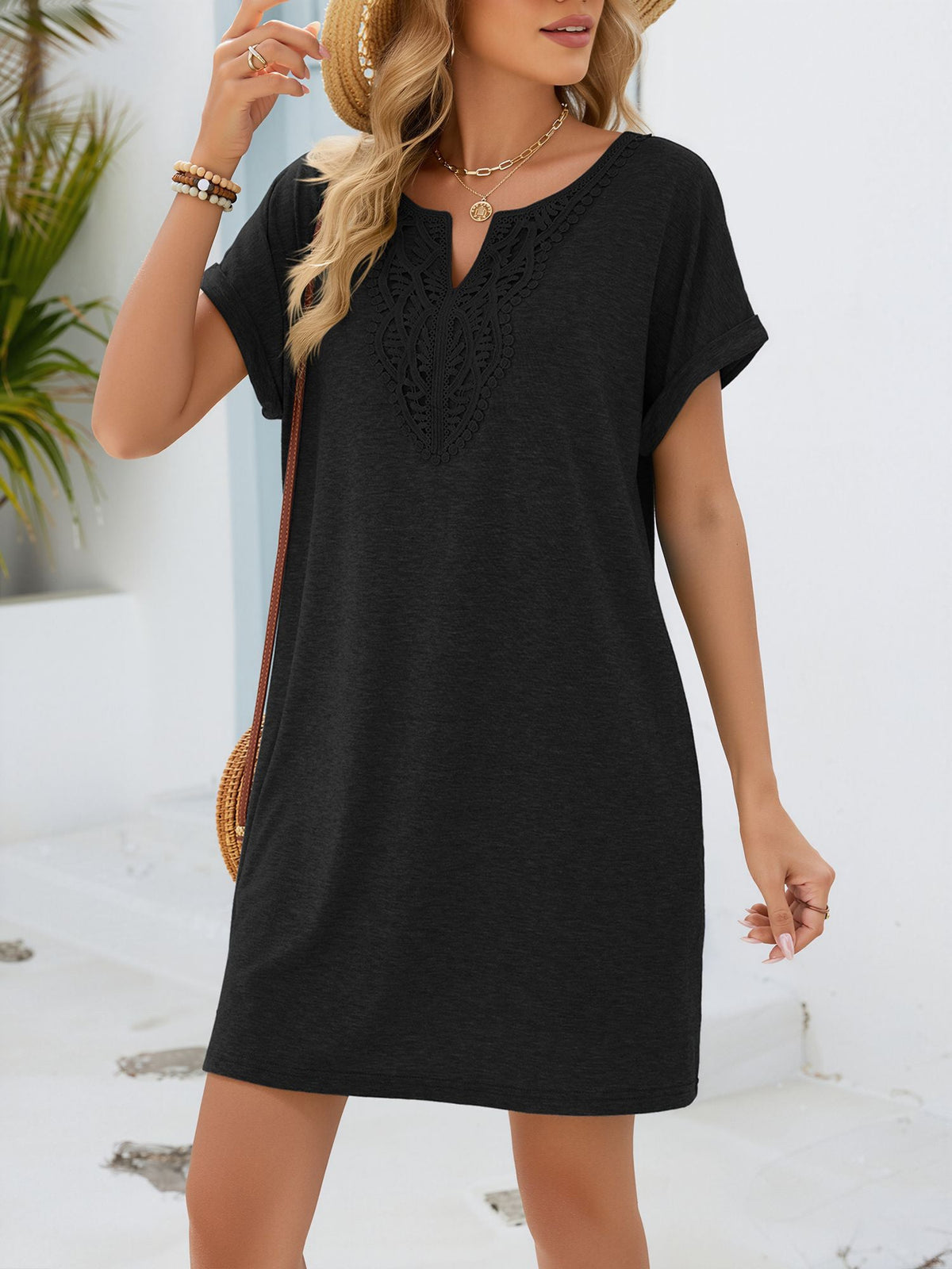 Notch Neck Short Sleeve Lace Pocketed Dress