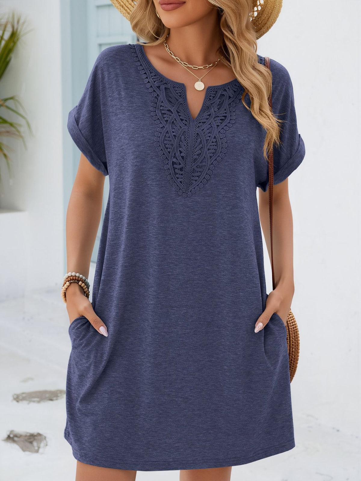 Notch Neck Short Sleeve Lace Pocketed Dress
