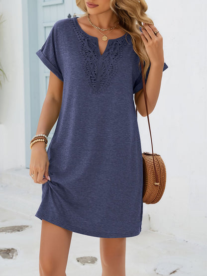 Notch Neck Short Sleeve Lace Pocketed Dress