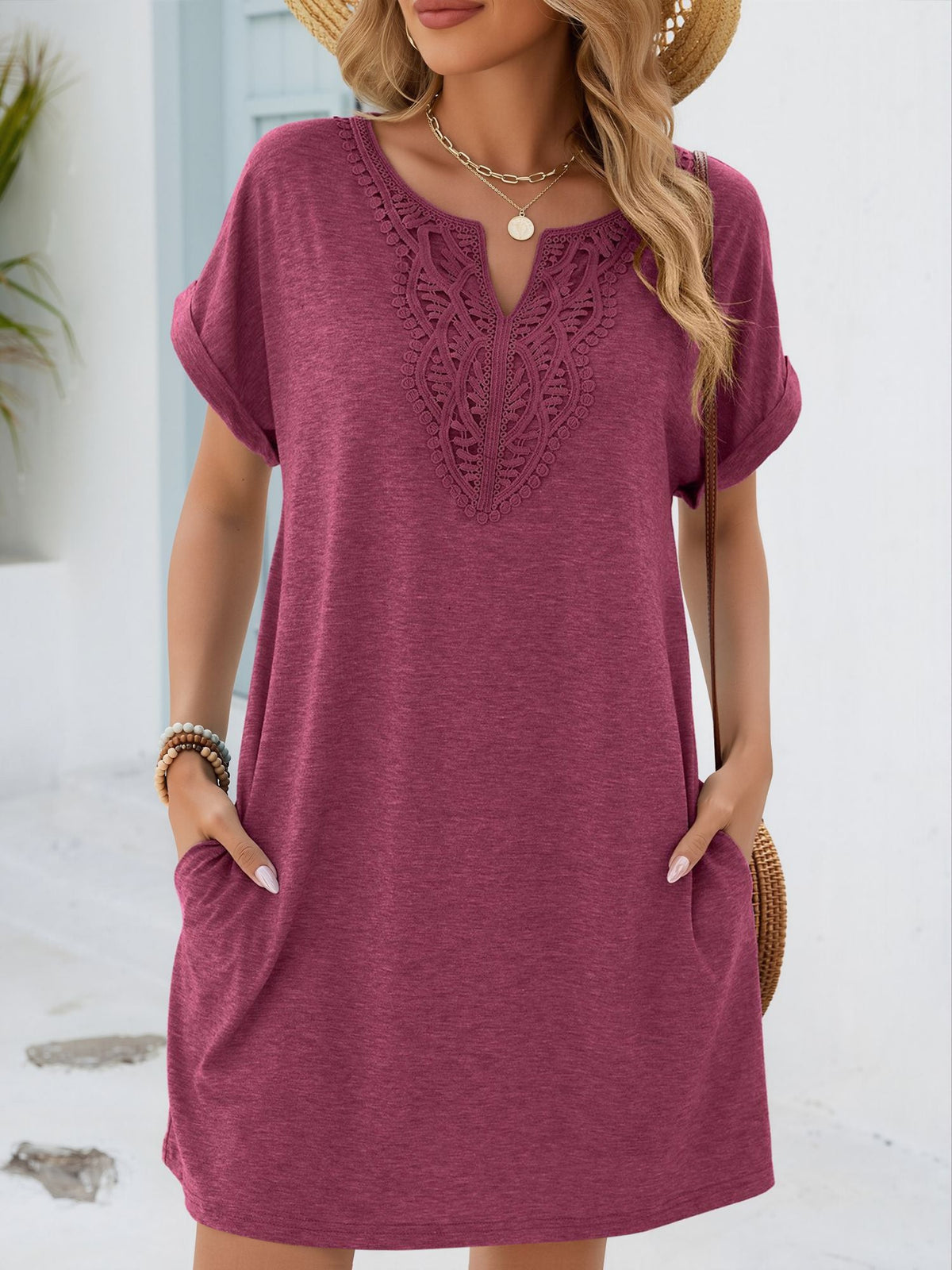Notch Neck Short Sleeve Lace Pocketed Dress