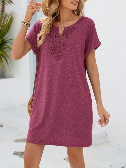 Notch Neck Short Sleeve Lace Pocketed Dress