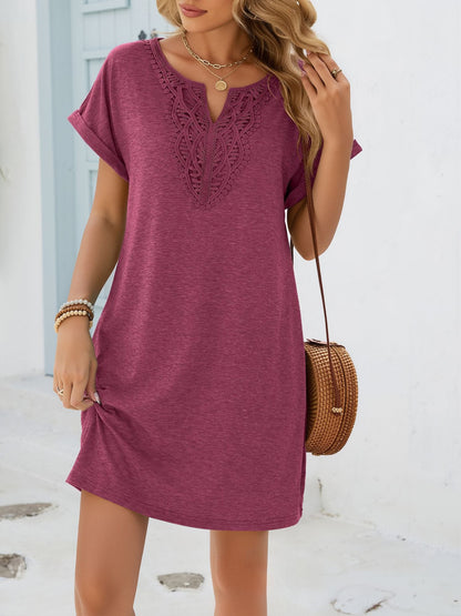 Notch Neck Short Sleeve Lace Pocketed Dress