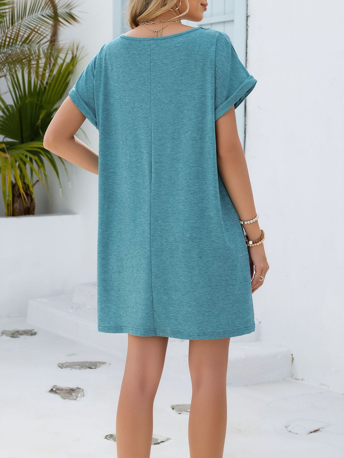 Notch Neck Short Sleeve Lace Pocketed Dress