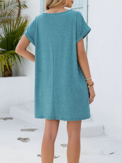 Notch Neck Short Sleeve Lace Pocketed Dress