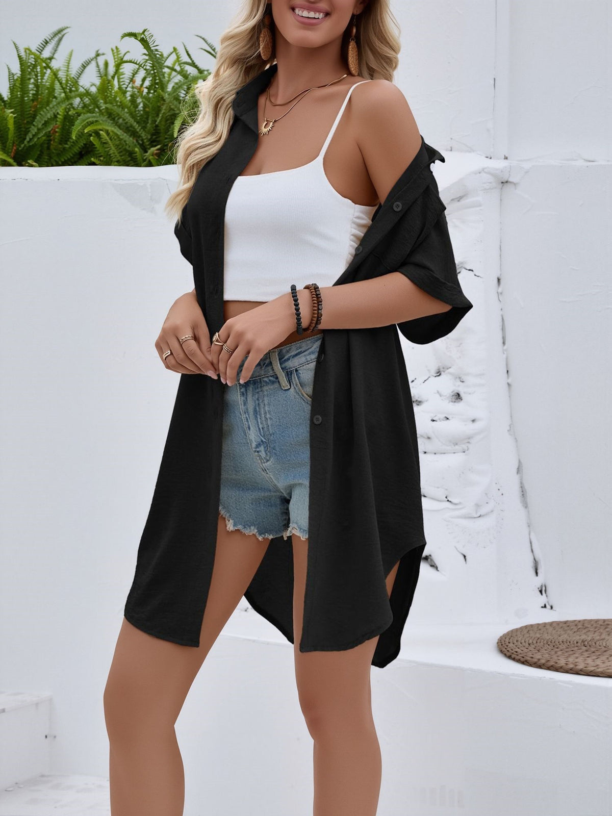 Collared Short Sleeve Mid-Length Shirt with Pockets