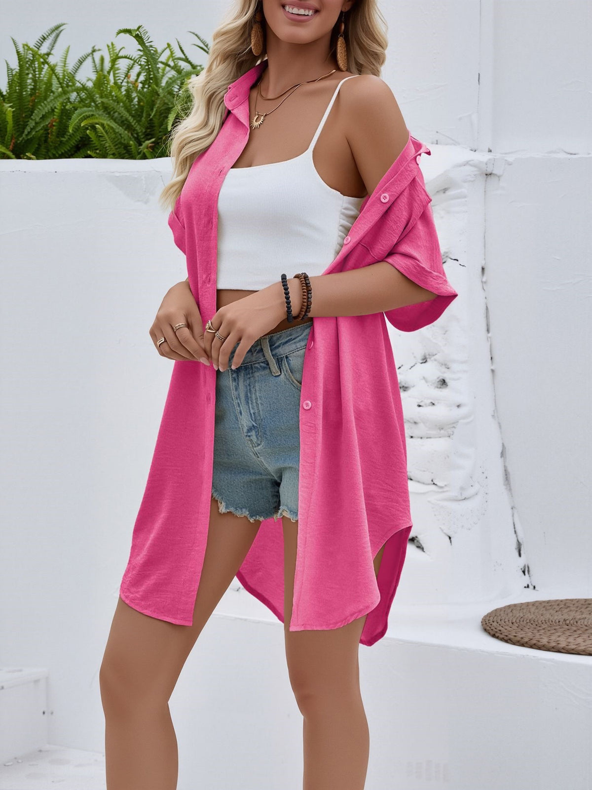 Collared Short Sleeve Mid-Length Shirt with Pockets