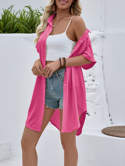 Collared Short Sleeve Mid-Length Shirt with Pockets