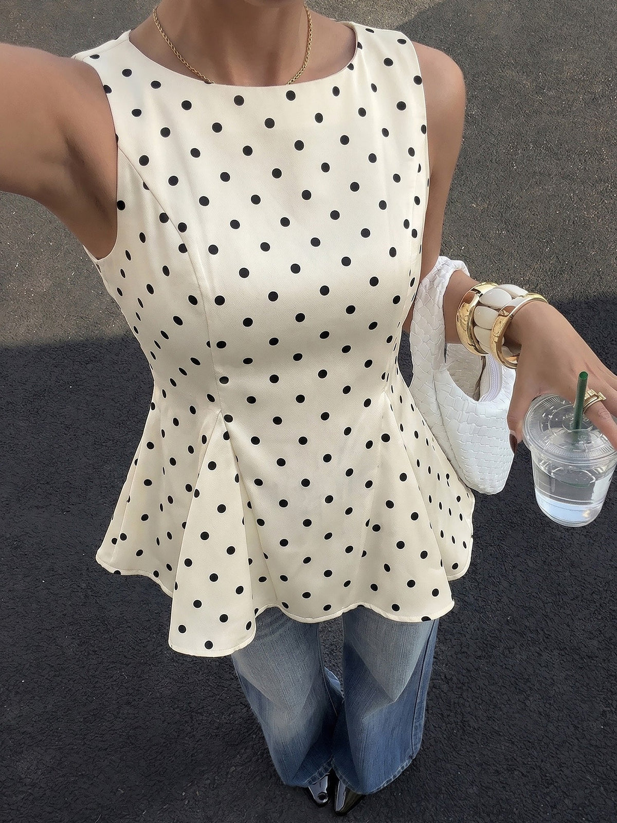 Polka Dots Sleeveless Round Neck Peplum Blouse
