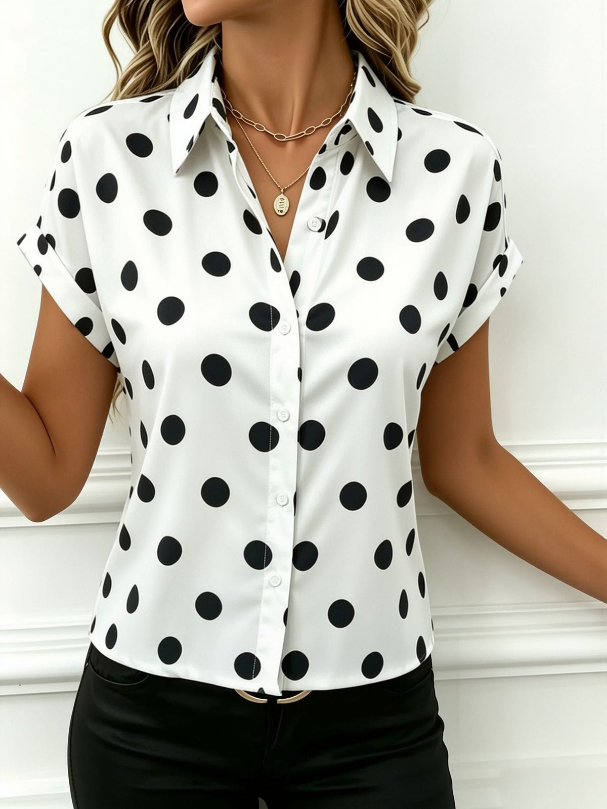 Collared Bat Sleeve Polka Dots Button Down Blouse