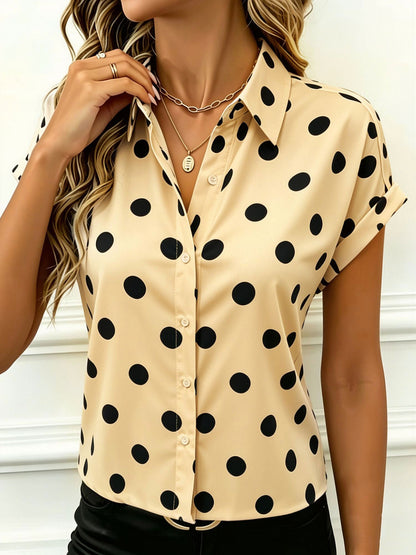 Collared Bat Sleeve Polka Dots Button Down Blouse