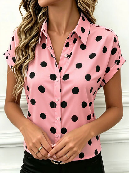 Collared Bat Sleeve Polka Dots Button Down Blouse