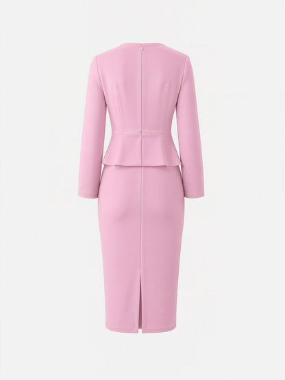 3D Floral Solid Color Long Sleeve Midi Sheath Dress