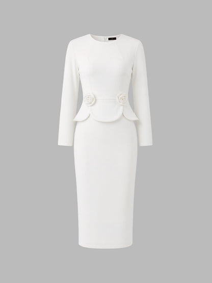 3D Floral Solid Color Long Sleeve Midi Sheath Dress