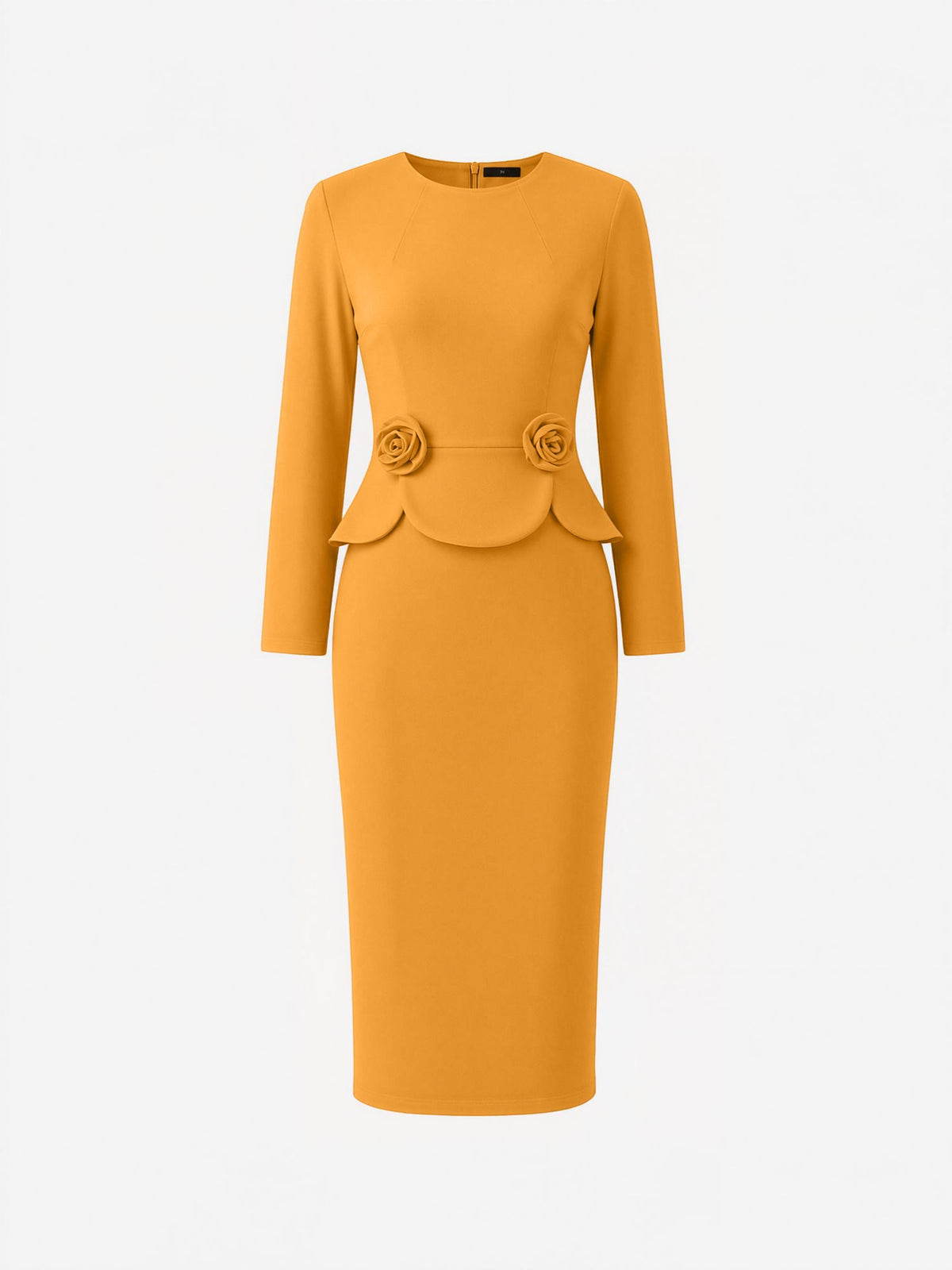3D Floral Solid Color Long Sleeve Midi Sheath Dress