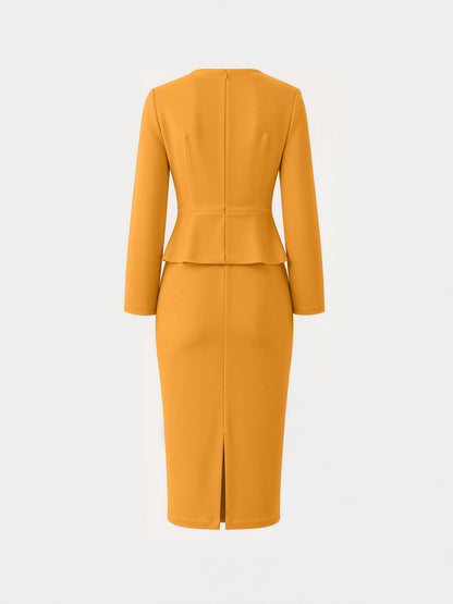 3D Floral Solid Color Long Sleeve Midi Sheath Dress