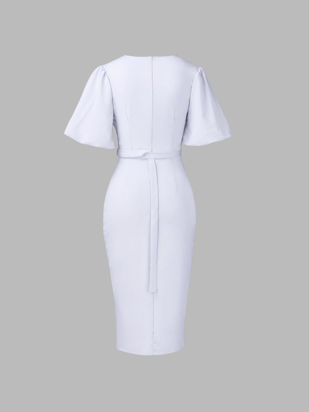 Lantern Sleeves V Neck Belted Slit Midi Sheath Dress