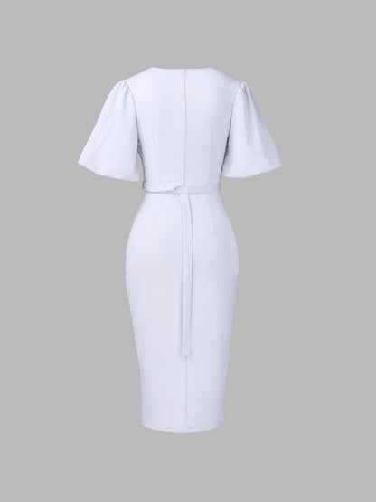 Lantern Sleeves V Neck Belted Slit Midi Sheath Dress