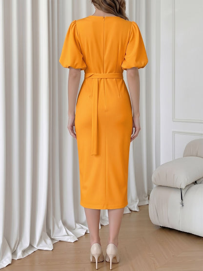 Lantern Sleeves V Neck Belted Slit Midi Sheath Dress