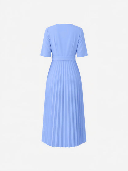 Pleated V Neck Short Sleeves A-Line Midi Dress