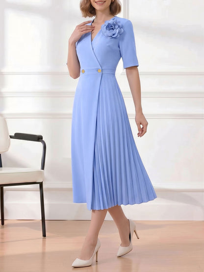 Pleated V Neck Short Sleeves A-Line Midi Dress