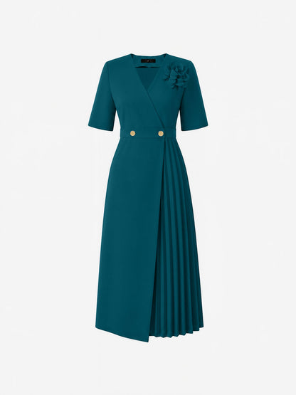 Pleated V Neck Short Sleeves A-Line Midi Dress