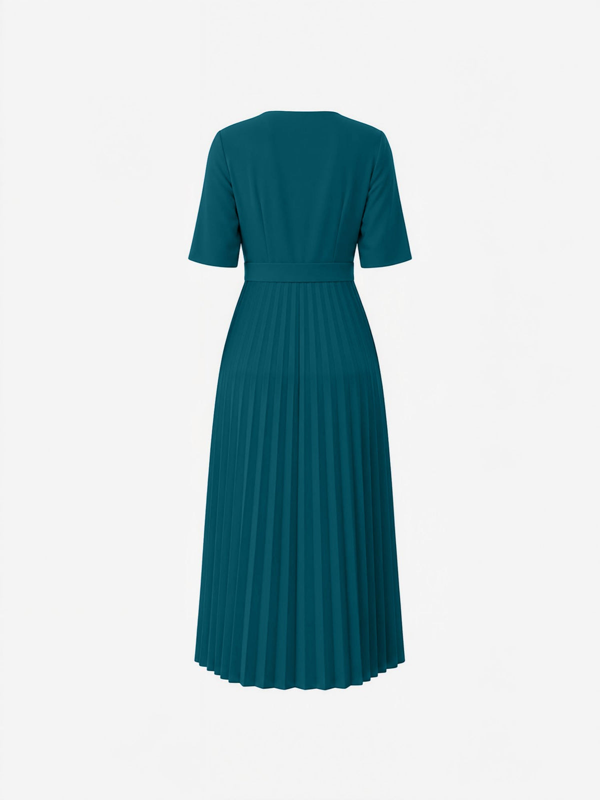 Pleated V Neck Short Sleeves A-Line Midi Dress