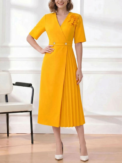 Pleated V Neck Short Sleeves A-Line Midi Dress
