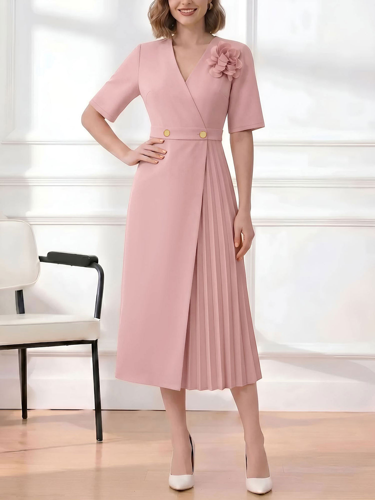 Pleated V Neck Short Sleeves A-Line Midi Dress