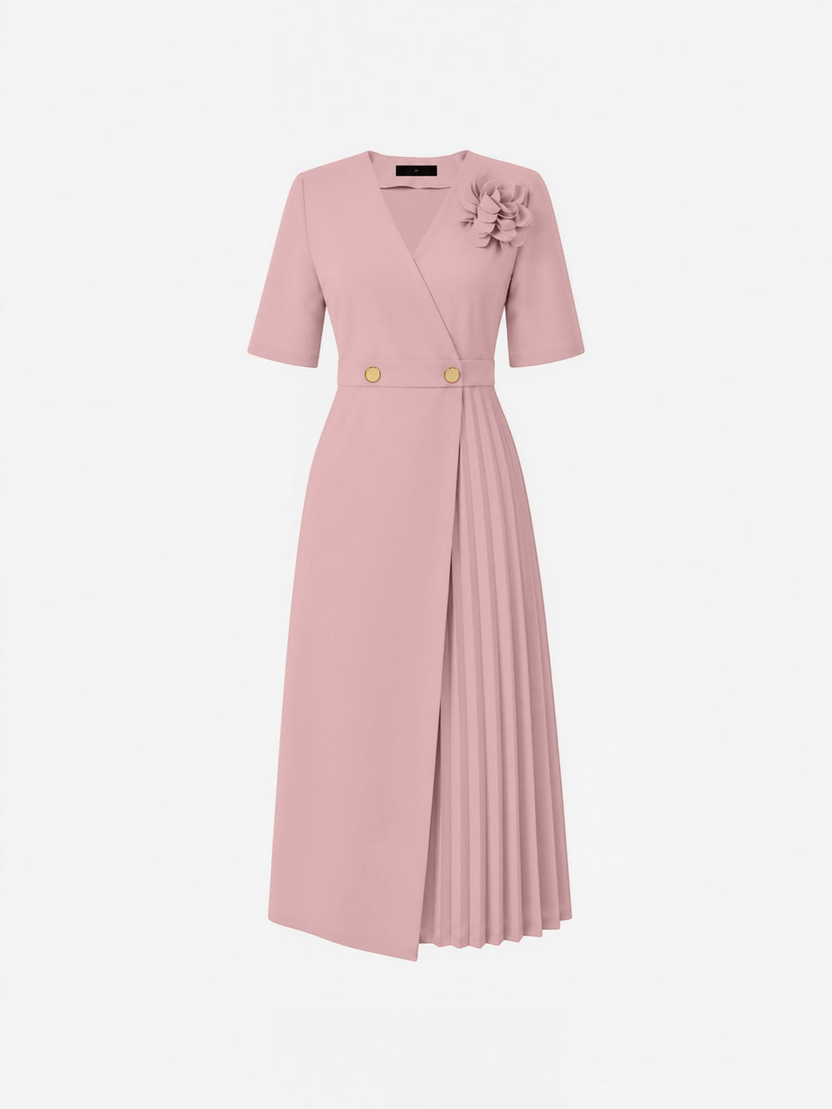 Pleated V Neck Short Sleeves A-Line Midi Dress