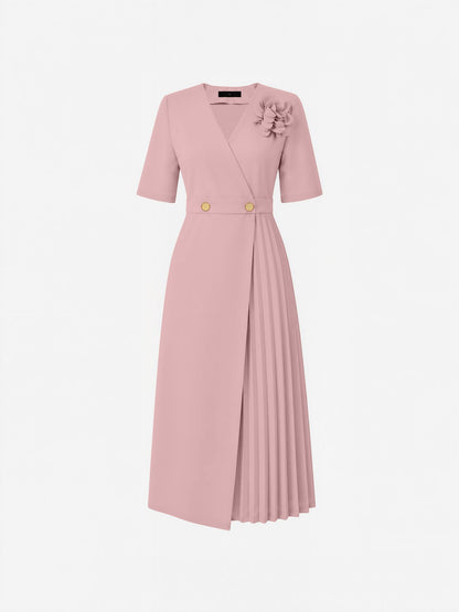 Pleated V Neck Short Sleeves A-Line Midi Dress