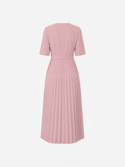 Pleated V Neck Short Sleeves A-Line Midi Dress