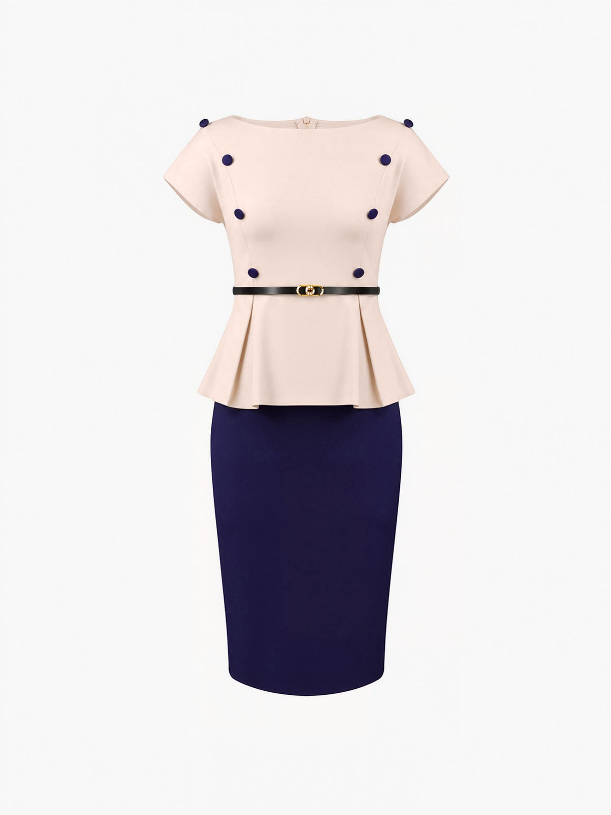 Colorblock Belted Short Sleeves Midi Sheath Dress