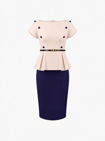 Colorblock Belted Short Sleeves Midi Sheath Dress