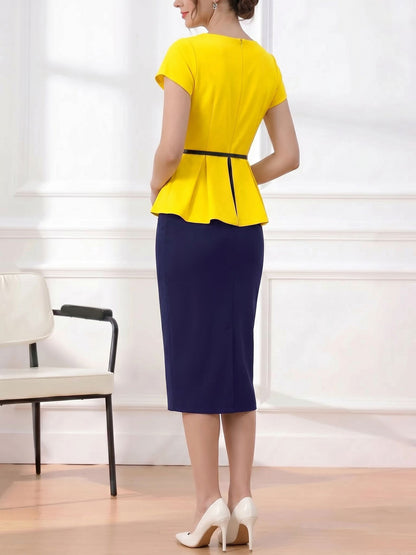 Colorblock Belted Short Sleeves Midi Sheath Dress