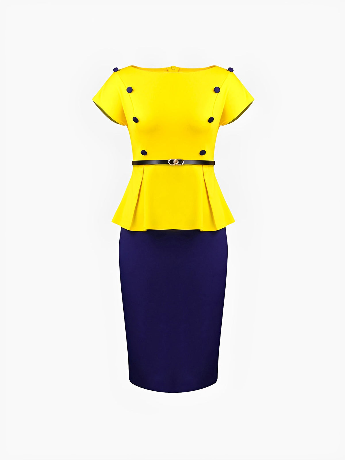 Colorblock Belted Short Sleeves Midi Sheath Dress