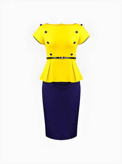 Colorblock Belted Short Sleeves Midi Sheath Dress