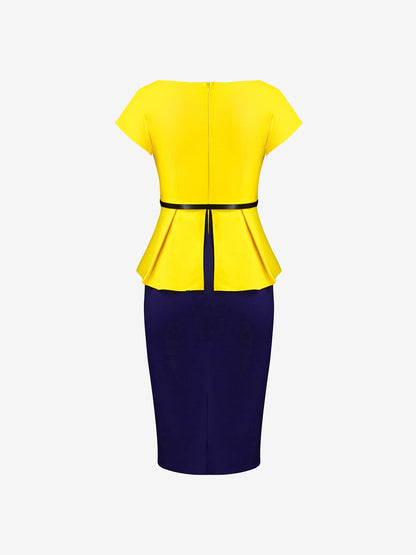 Colorblock Belted Short Sleeves Midi Sheath Dress