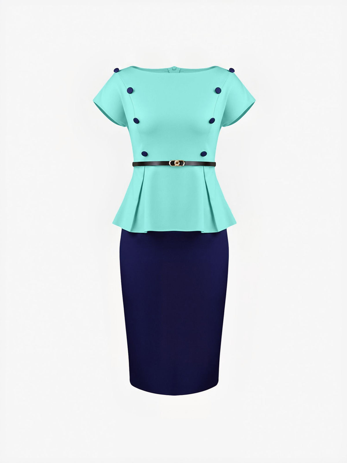 Colorblock Belted Short Sleeves Midi Sheath Dress