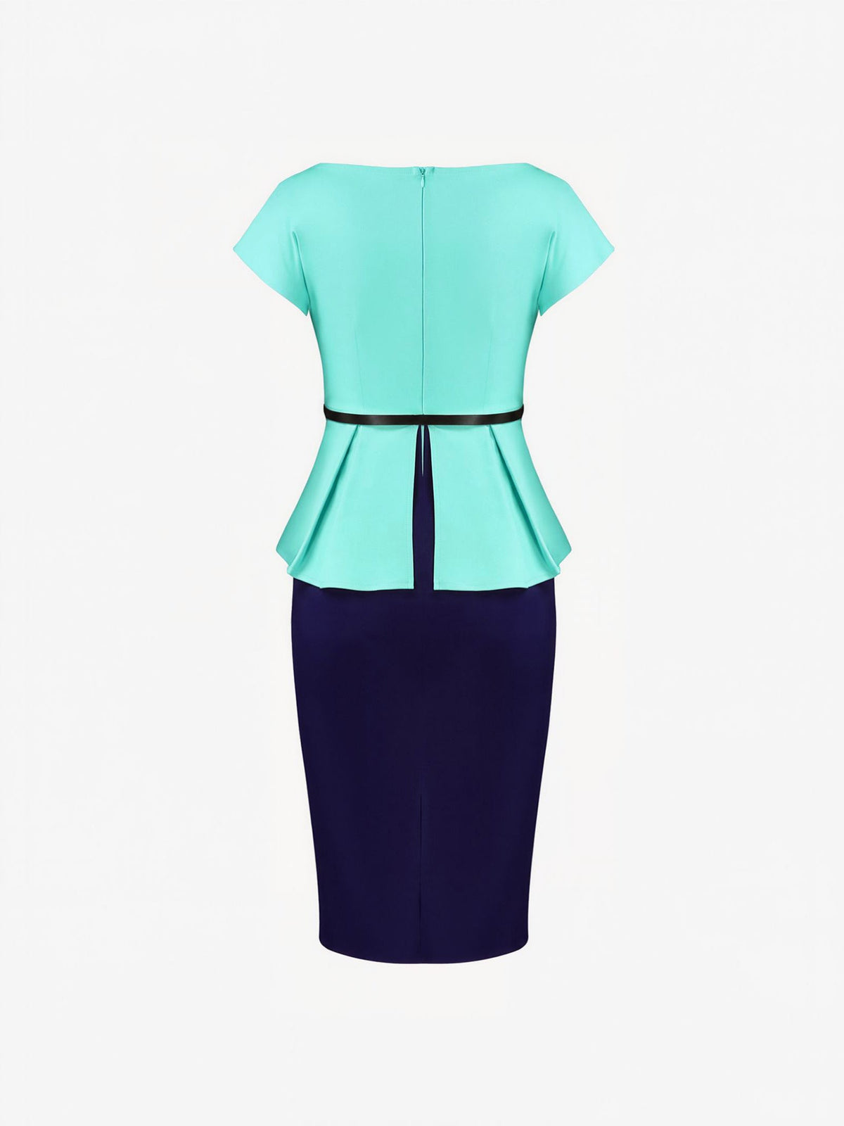 Colorblock Belted Short Sleeves Midi Sheath Dress