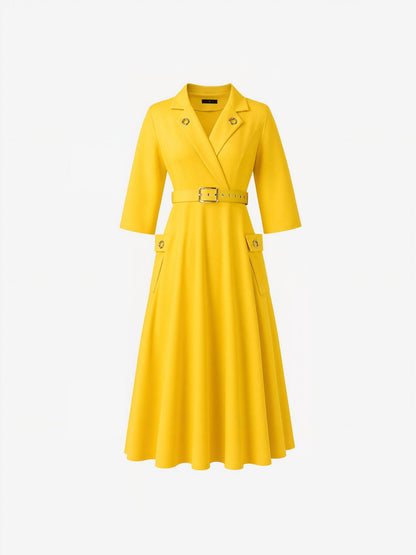 Notched Lapel Belted Pocketed Midi A-Line Dress