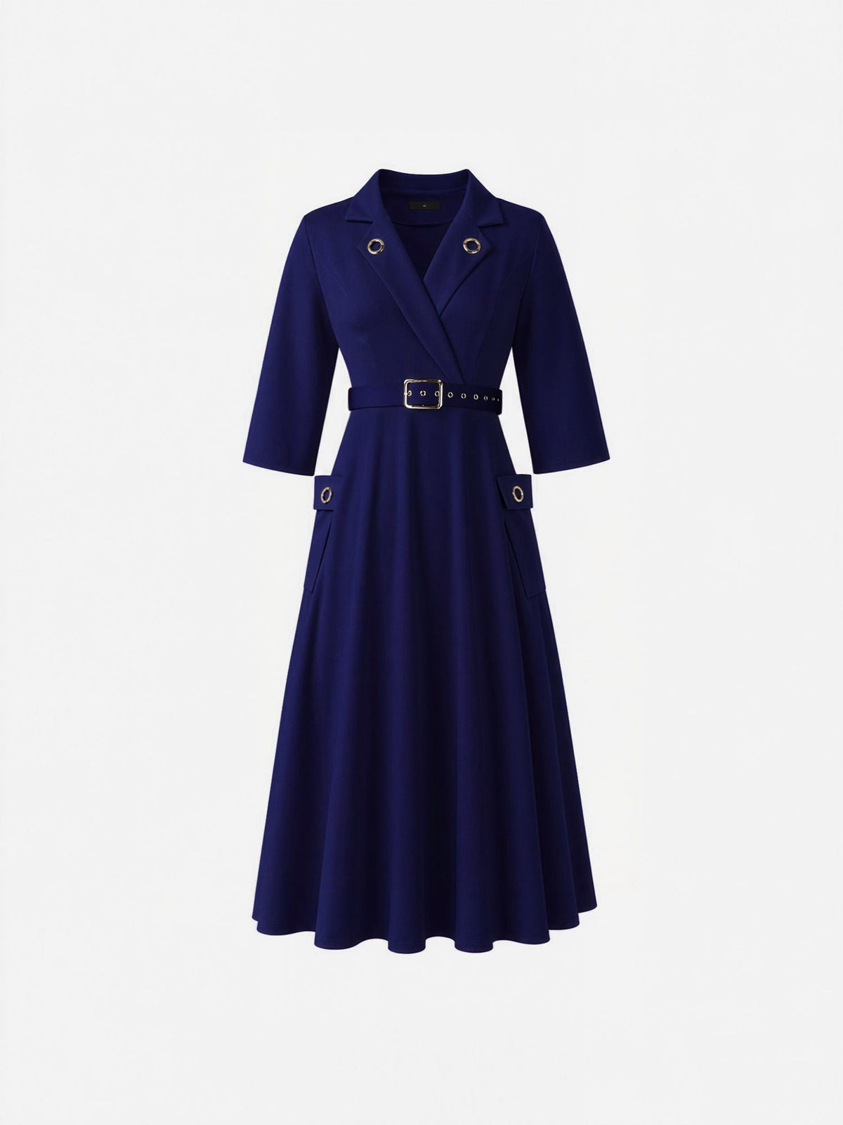 Notched Lapel Belted Pocketed Midi A-Line Dress